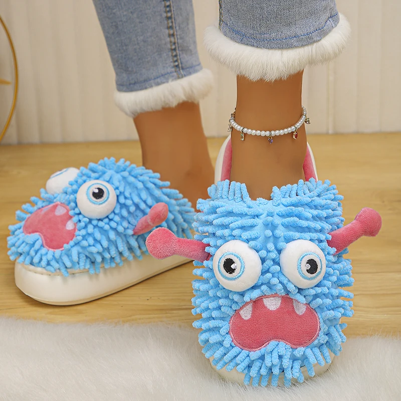 

Cartoon Monster Fluffy Slippers Women Thick Sole Non Slip Infoor Funny Slippers Woman 2025 Plush Warm Home Cotton Slides Shoes