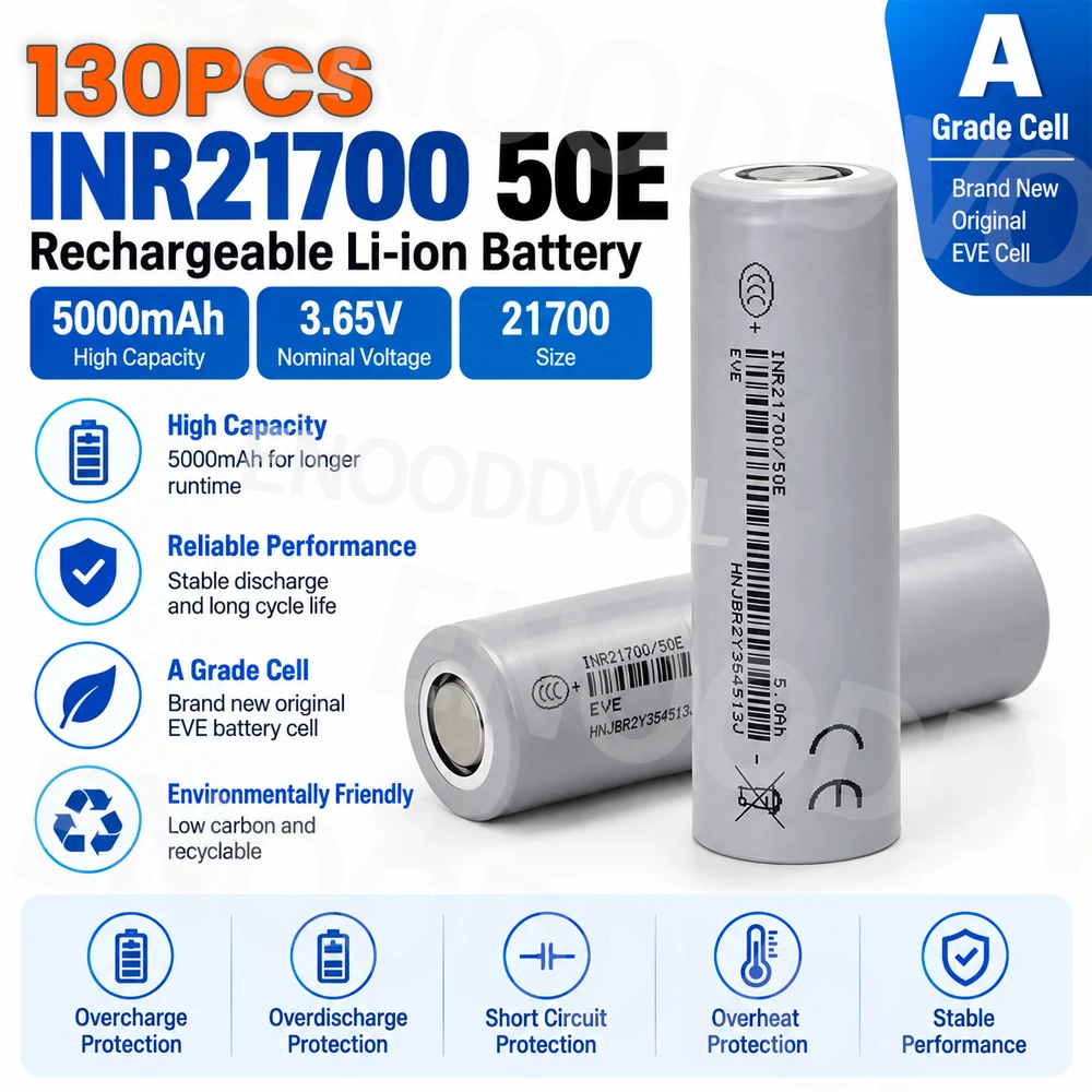 130PCS 21700 Battery 50E 5000mAh 21700 Grade A Cell 3.65V Li-ion Rechargeable Battery Cell for Power Storage Electric Bike DIY