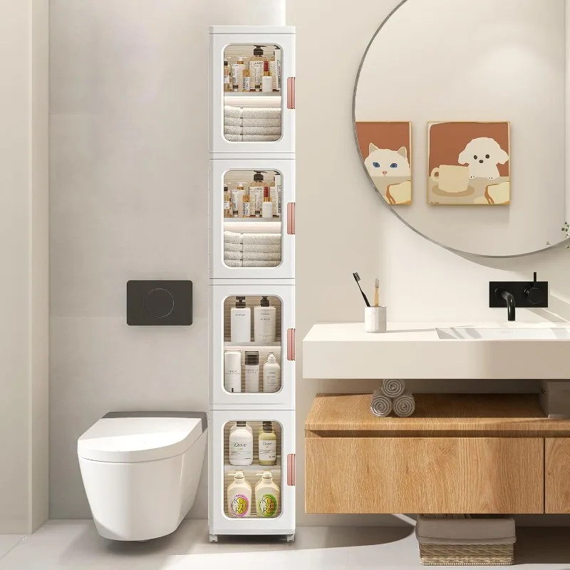 

4-Tiers Slim Bathroom Storage Cabinet, Plastic Narrow Storage Organizer with Doors and Shelves, Movable Waterproof Bathroom