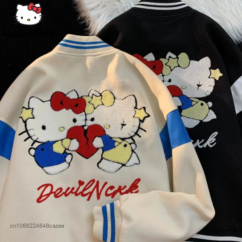 

Sanrio Hello Kitty Winter Plush Embroidered Baseball Uniform Y2k College Style Couple Warm Coat Student Loose Versatile Jacket