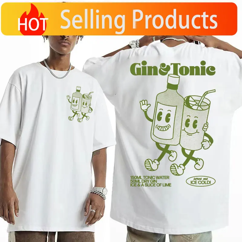 GIN AND TONIC Meme T Shirt Unisex Retro Cartoon Aesthetic T Shirts Men Summer Fashion Cotton Funny Cocktail Meme Graphic T-shirt