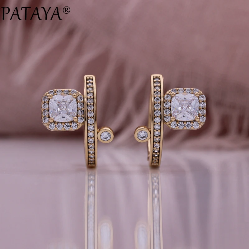 

PATAYA Luxury Natural Zircon Square Dangle Earrings for Women Simple Champagne Gold Color Bride Wedding Fine Jewelry