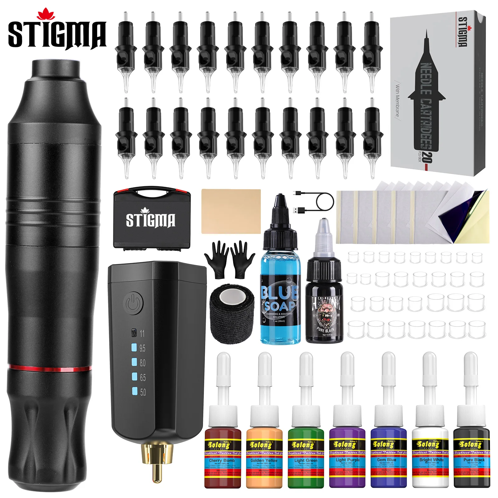 

Professional Wireless Rotary Tattoo Machine Kit with 20Pcs Cartridge Needles Complete Set for Tattoo Artist and Beginners Supply