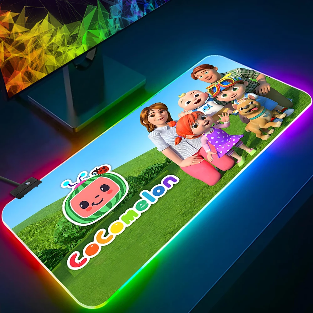 Cute Cartoon C-Cocomelon RGB Pc Gamer Keyboard Mouse Pad Mousepad LED Glowing Mouse Mats Rubber Gaming Computer Mausepad