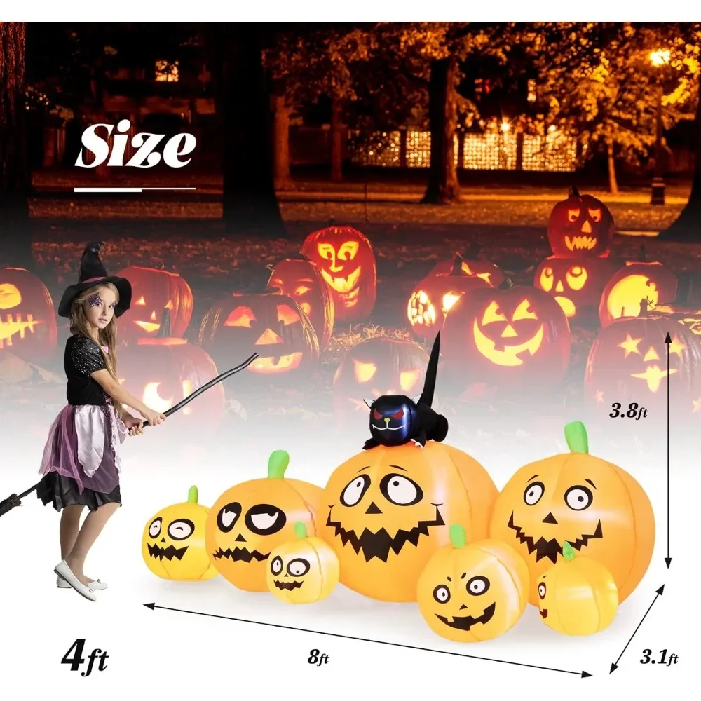 8 FT Halloween Inflatable Pumpkin Patch Lanterns with Witch’s Cat, Blow Up 7 Pumpkins Family with Built-in LED Lights