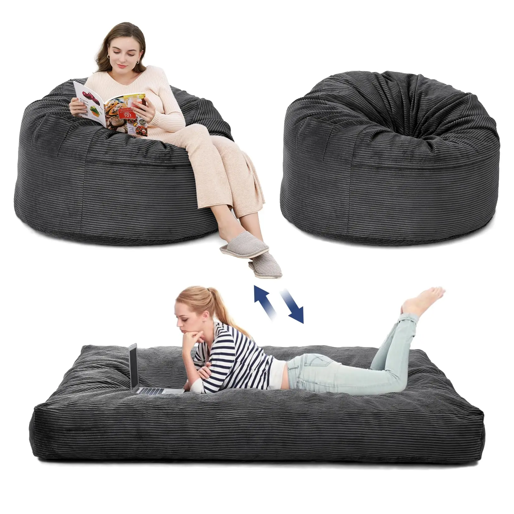 Fauteuil pouf, grand lit pouf pour adultes, fauteuil-lit pouf convertible de pouf à matelas de sol, grand format rembourré de mousse
