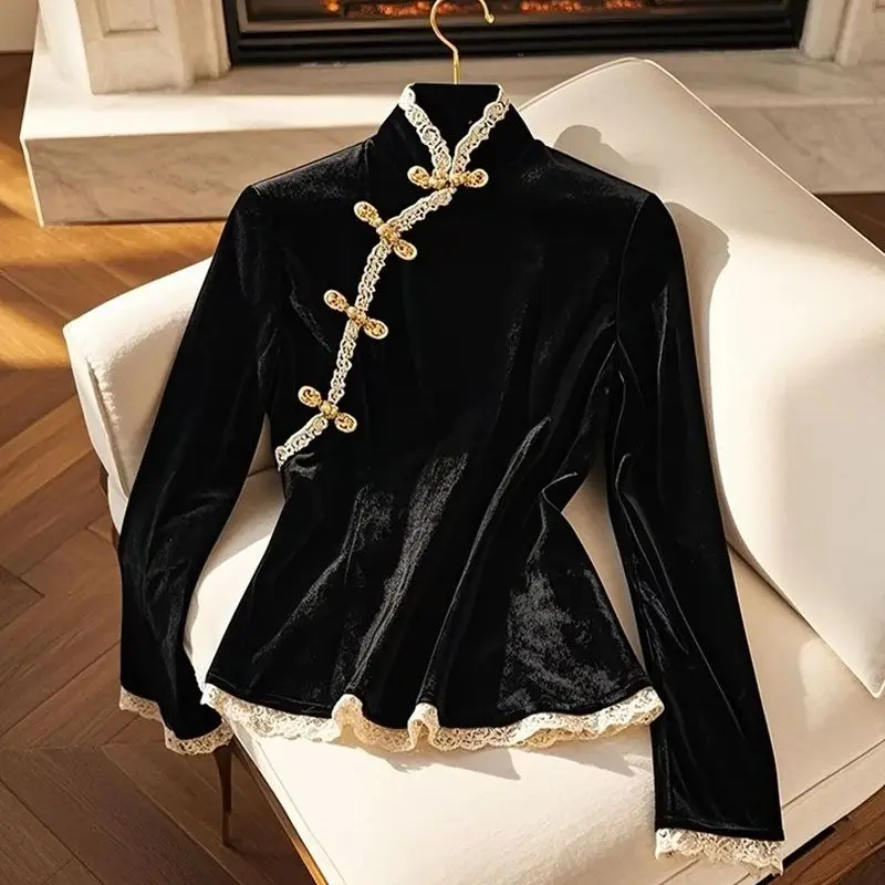 Chinese Style Black Velvet Blouse Women Autumn Lace Patchwork Bottom Shirt Retro Buckle Stand Collar Top High End TT1217