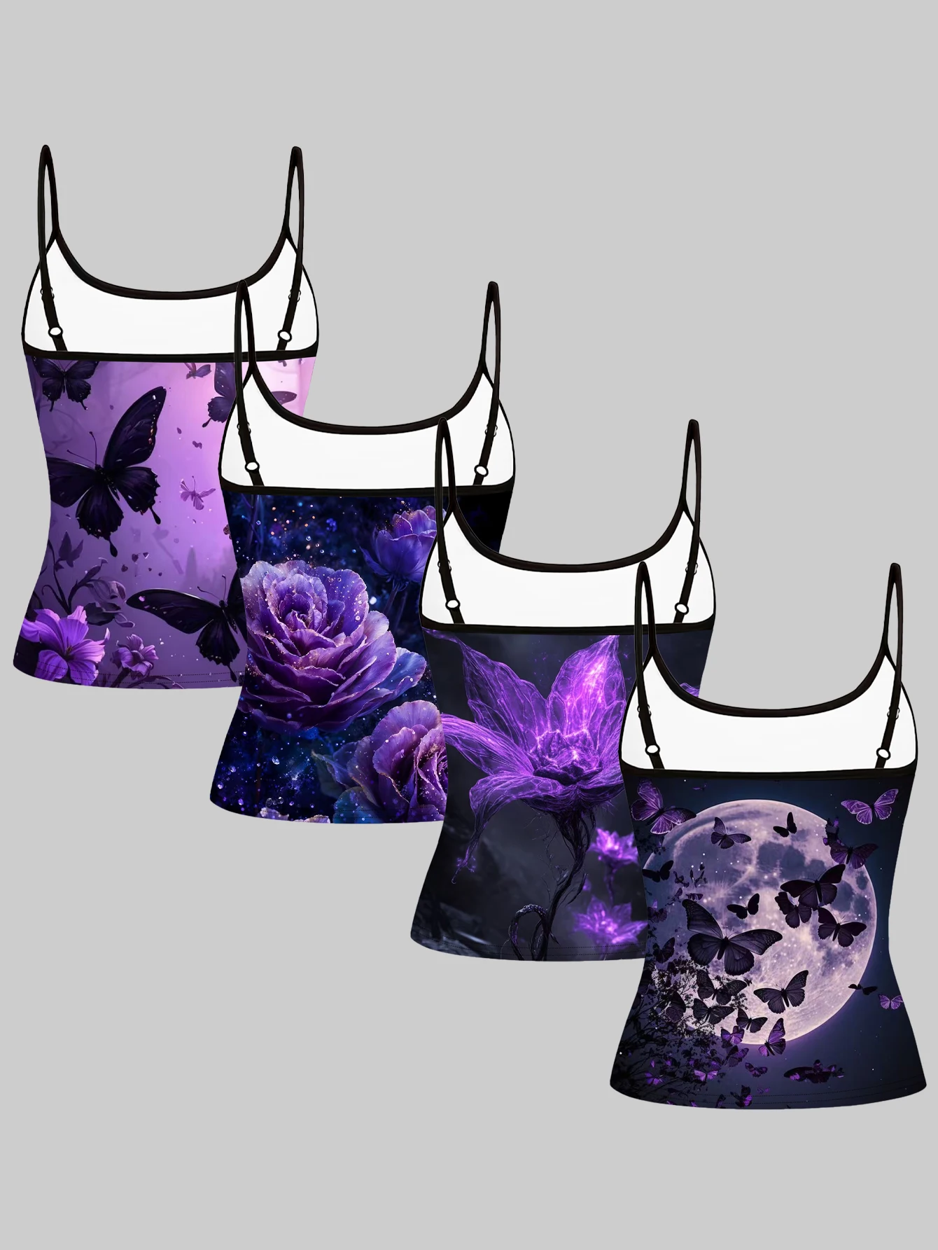 Women's 4-Piece Printed Camisole Set: Purple Background with Black Butterfly and Purple Flowers, Starry Sky with Sparkling Diamonds and Purple Roses, Glowing Purple Ghost Flowers, Full Moon Night Butterfly Pattern, Slim-Fit Sleeveless Outerwear Base Layer Top