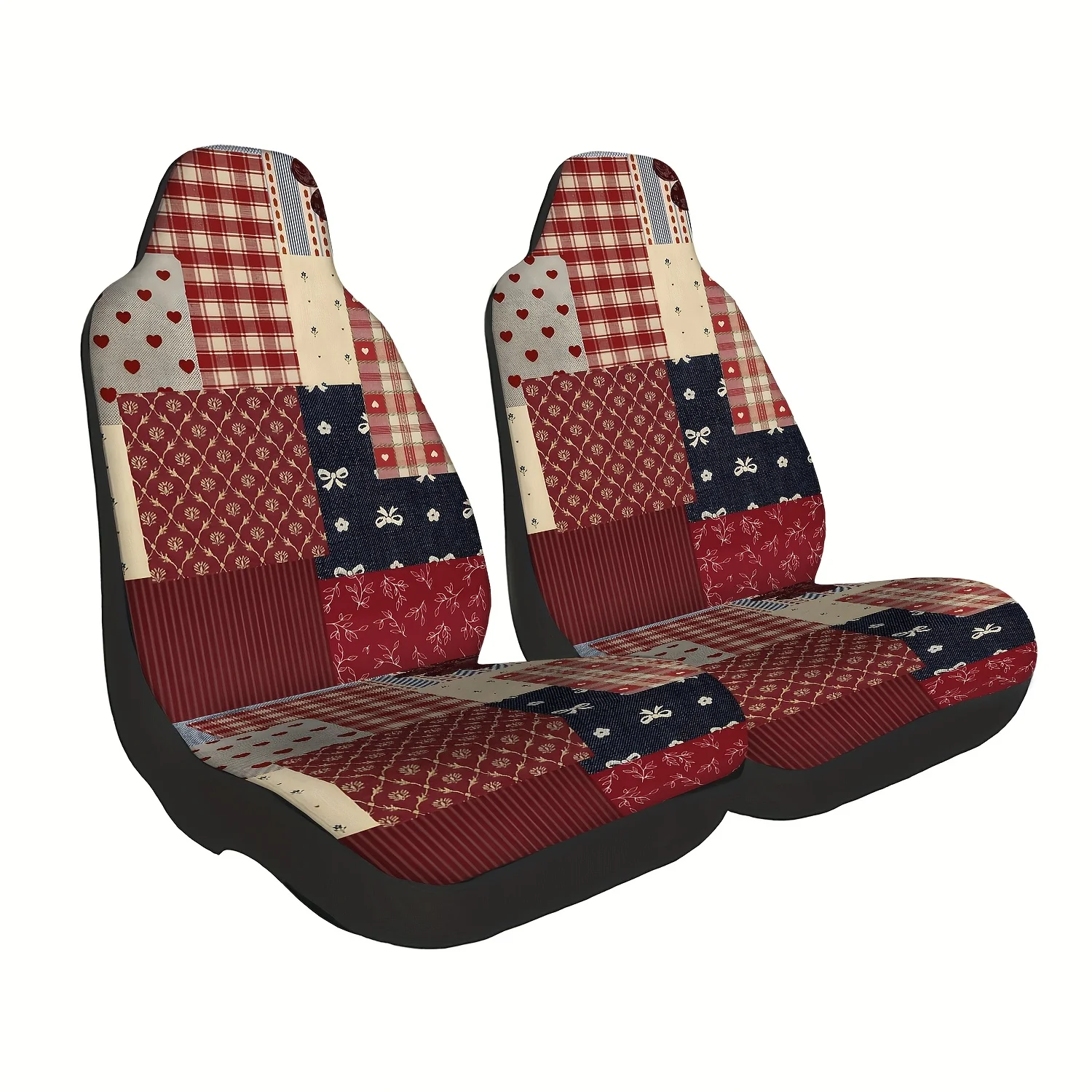 Set Of 2 Checkered Heart Pattern Car Seat Covers, Cute Interior Additions For Car Seats, Front Seat Protectors Suitable For Cars