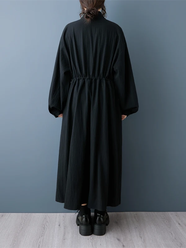plus Size Autumn New Loose Dark Style Stand Collar Waist Drawstring Slimming Long Dress Coat Women's Fashion Cotton Gown
