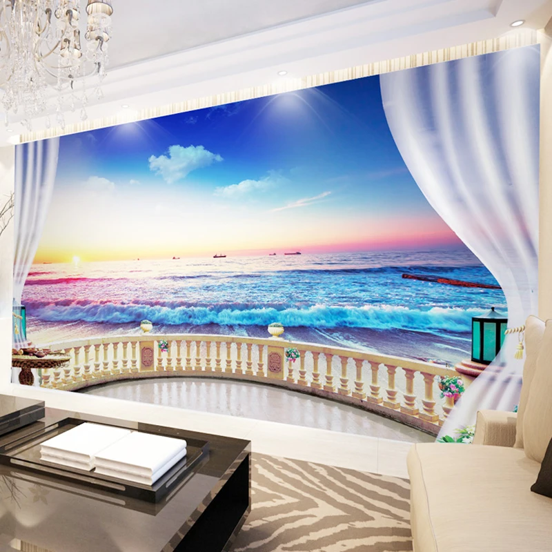 

Custom Wallpaper For Walls 3D Balcony Window Beach Seascape Photography Background Photo Mural Wallpaper Living Room Bedroom