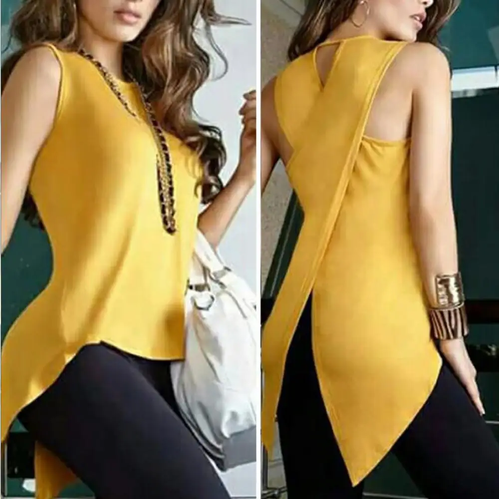 Hot apparel Irregular Tank Tops Summer Sexy Women Back Cross Irregular Solid Color Sleeveless Yellow Slim Tank Top Vest