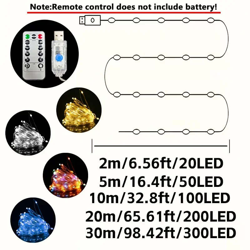 LED Remote-Control Fairy Lights, LED Christmas Copper Wire Lights, USB Powered, 8 Modes, Party and Christmas Decoration