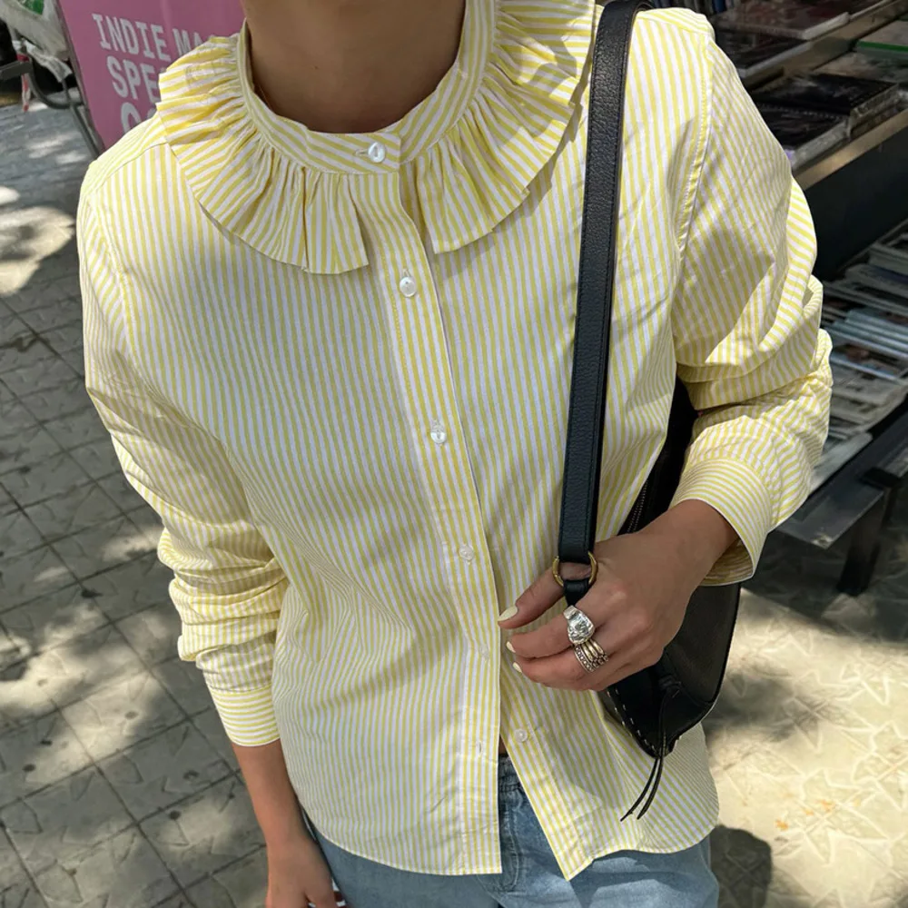 

Blifanbo Striped Round Neck Long Sleeve Shirt For Women Elegant Autumn Single Breasted Loose Patchwork Female Shirts Streetwear