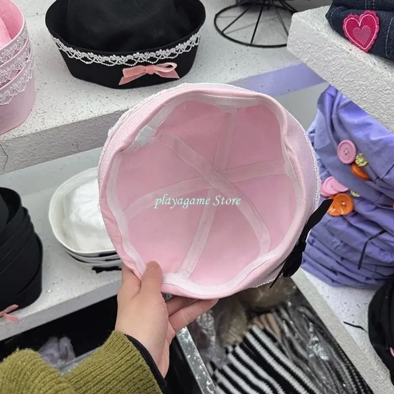 Y88A امرأة قبعة البحرية مع الشارات Bowknot الصغيرة بحار قبعة الربيع Sunproof الكابتن قبعة