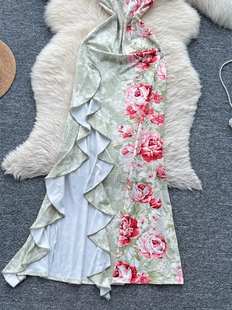 ชุดเดรสยาวทรงเอพิมพ์ลายสำหรับผู้หญิง สไตล์เกาหลี เอวสูง ทรงเข้ารูป ผ้าพลีท ช่วยพรางหุ่น เหมาะสำหรับฤดูร้อน