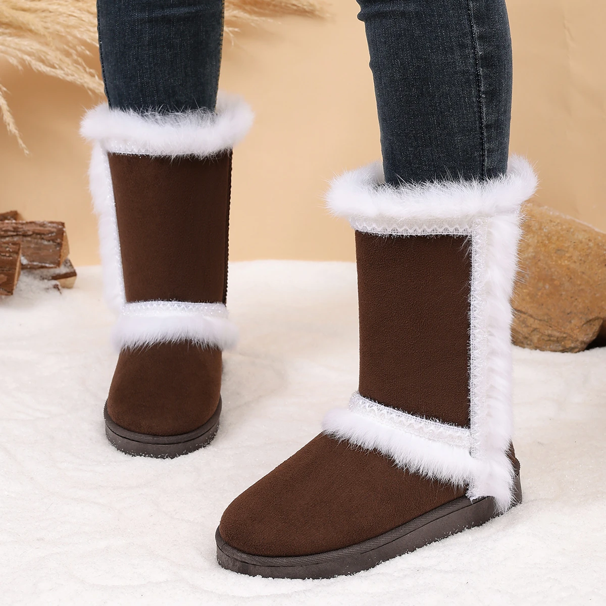Elegante Winterstiefel mit Rundem Zeh, Sexy, Rutschfest, Lässig, Mittellang, Modisch, Neu, Bequem, Große Größen, Damenstiefel – Detail 7