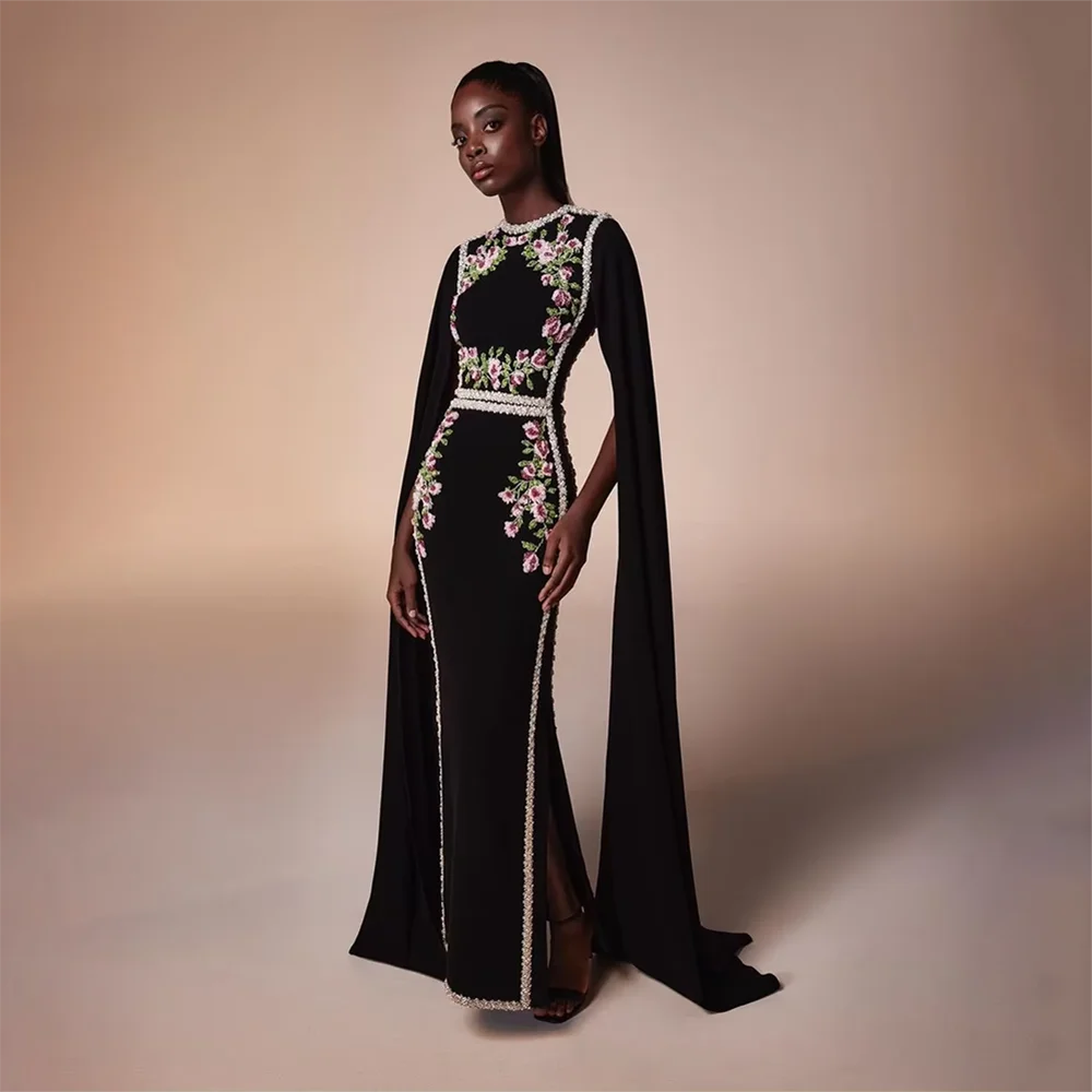 Elegante abito da sera nero per donna maniche lunghe applicazioni abiti da ballo lunghezza pavimento abiti da festa per occasioni formali personalizzati