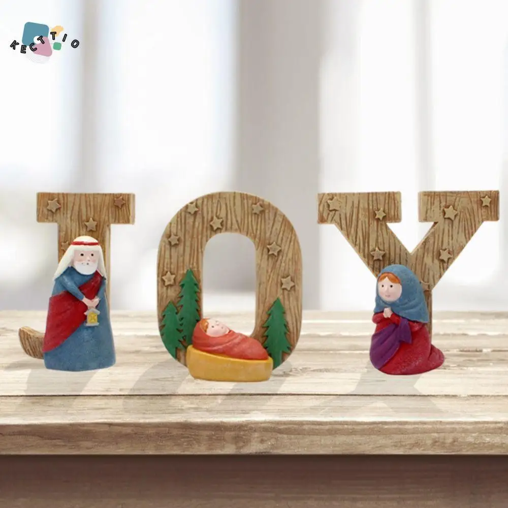 

4Pcs/set Exquisite Classic Christmas Manger Ornaments Unique Durable English Letters Statue Decorative Nativity Figure Office