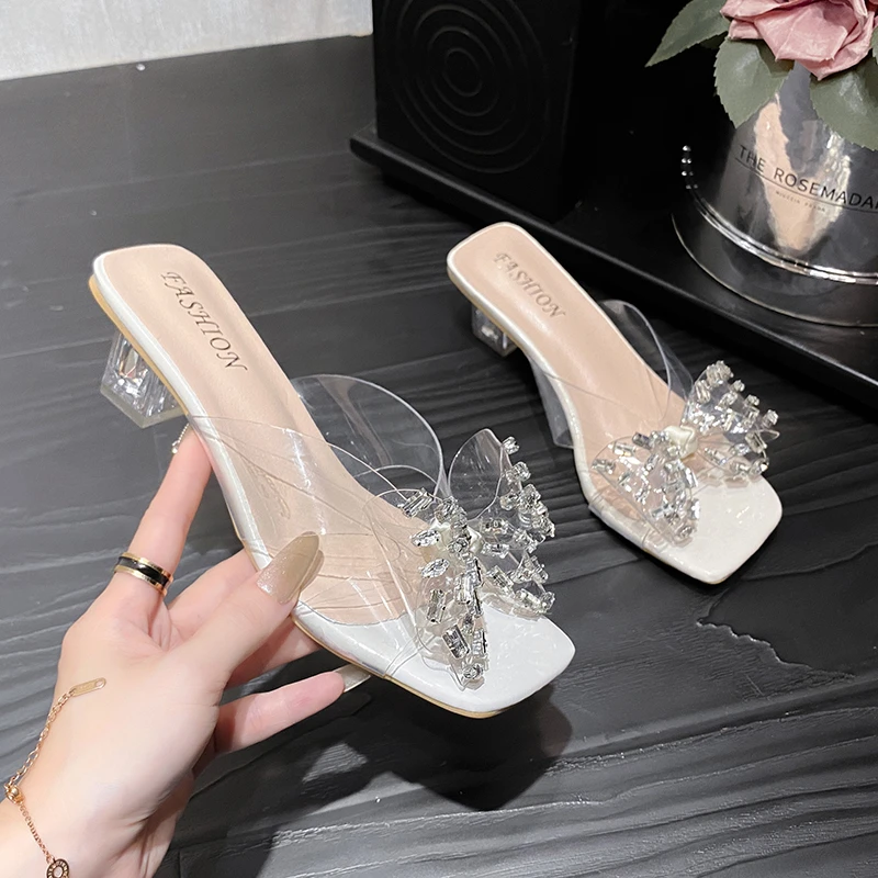 Unique Transparent Thick High Heel Water Diamond Slippers for Women's 2024 Summer New Crystal Heel Fairy Style Slippers