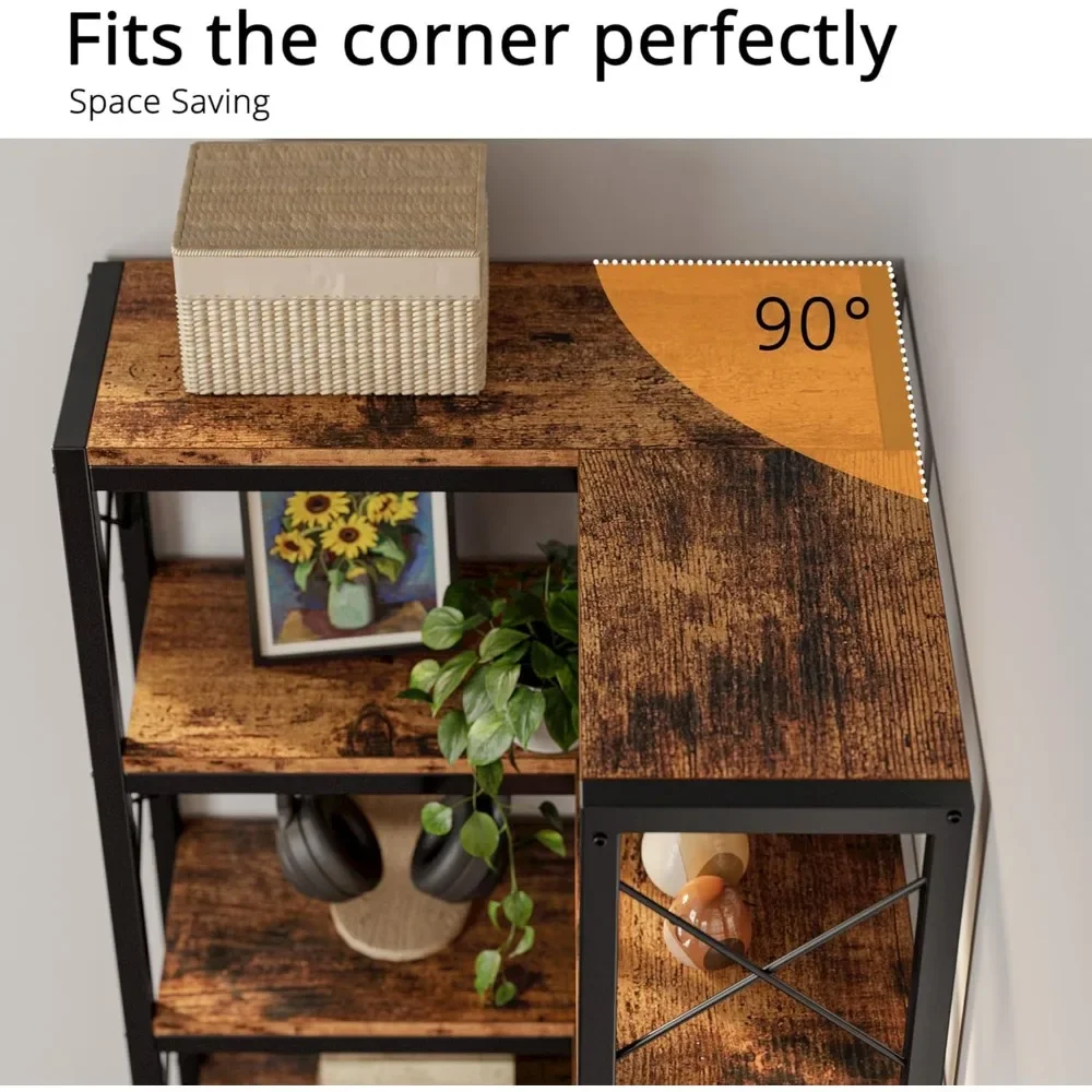 Corner Bookshelf, 7-Tier Industrial Corner Bookcase, Tall Corner Shelf Storage Display Rack with Metal Frame for Living Room