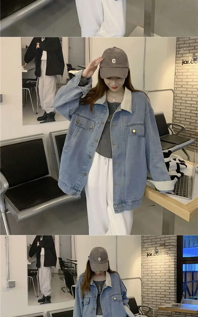 معطف الدنيم للنساء الشتاء جلد الغنم مبطن مقنعين زر مزين أفخم اقتصاص اصطف رفرف سمكا الرباط شيك #5