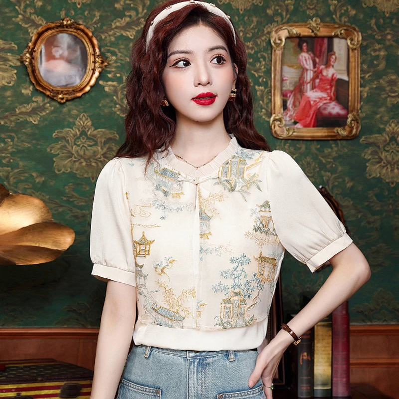 Summer Short Sleeve Women Blouse Fashion Casual Embroidery Chiffon Blouse Shirt Women Tops Blusas Mujer De Moda 2024 Verano A01