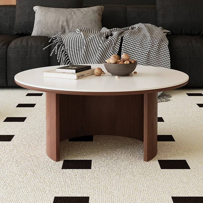 

Living room household solid wood rock slab round coffee table round tempered glass