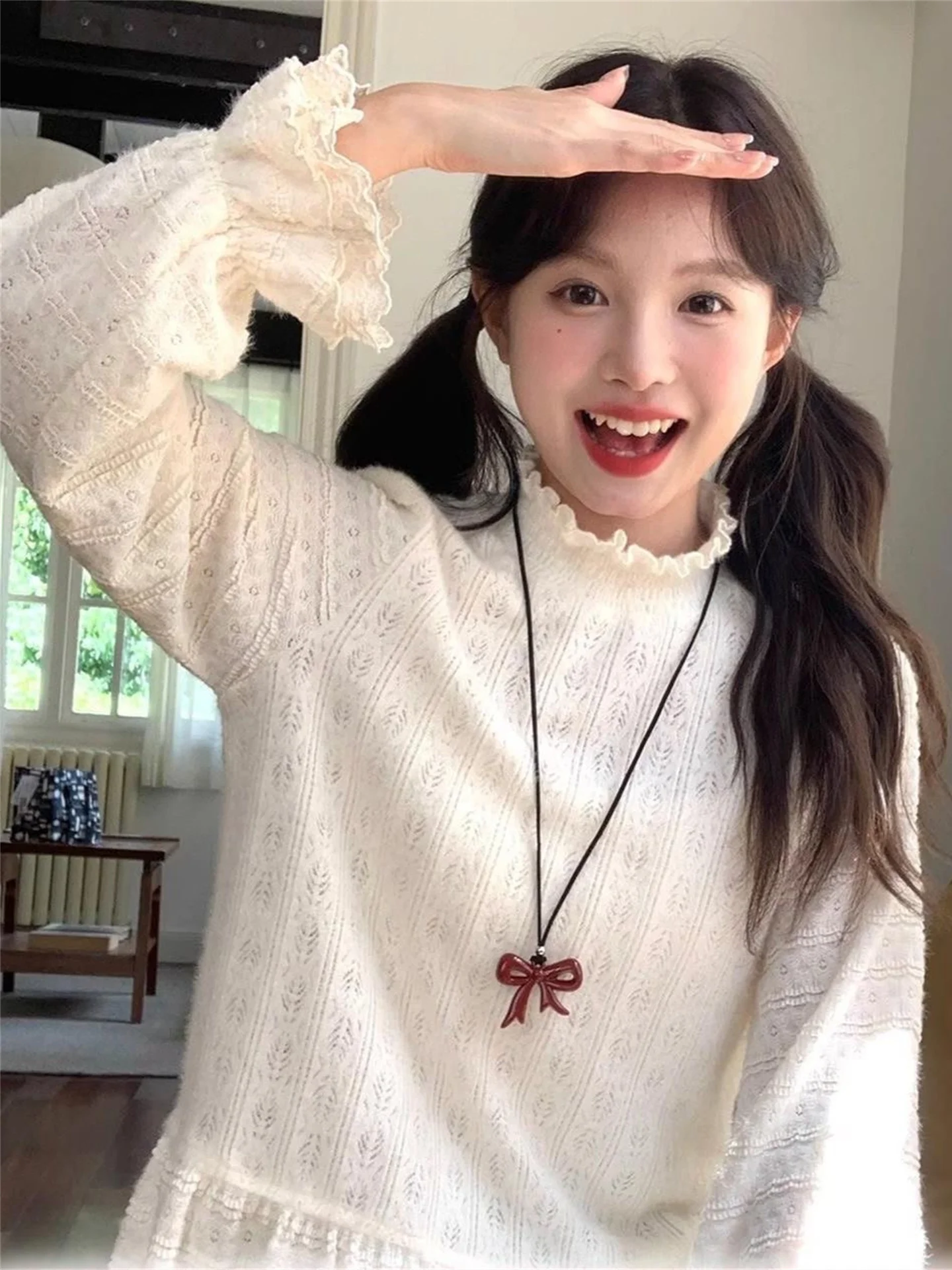 

Japanese Sle Lolita Lace Hollow out Fce Lined f High Collar Bubble Sve Women's Spring Autumn New Sle Top irt