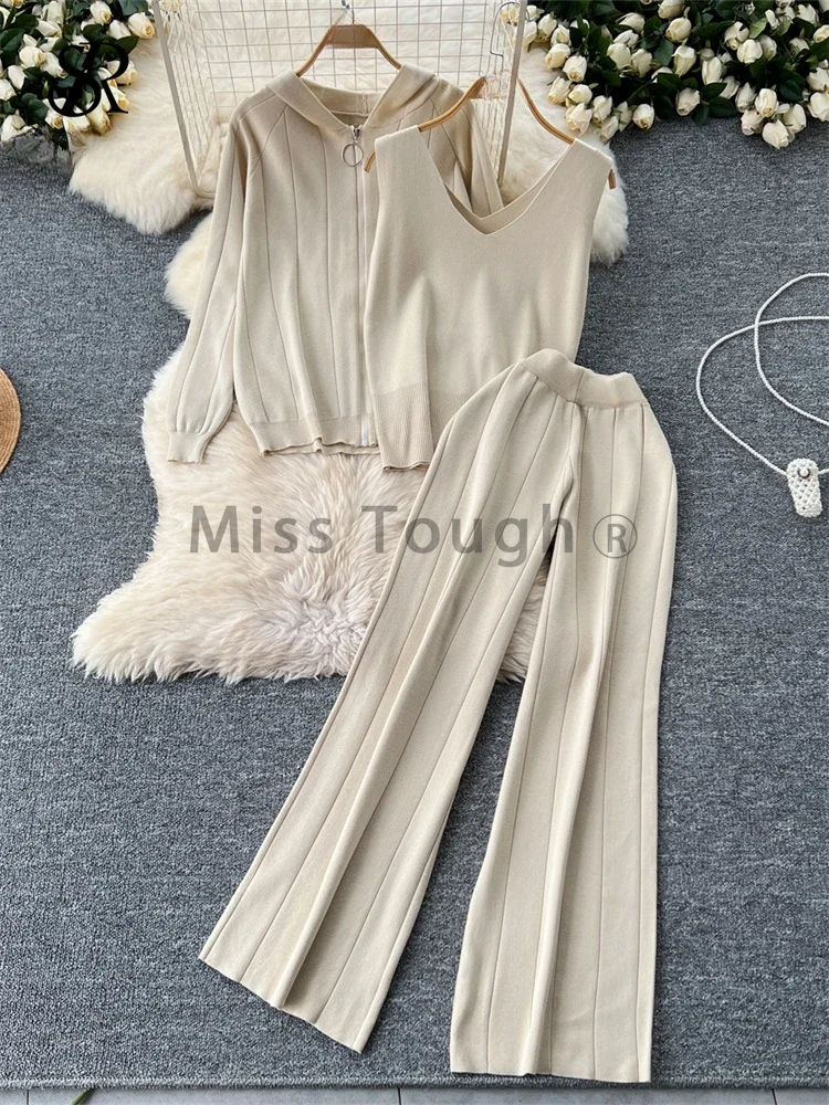 Autumn Korean Casual Knitted 3 Piece Sets Women Retro Hoodies Coat + Solid Vest + Wide Leg Pants New Design Vintage Suits 2024