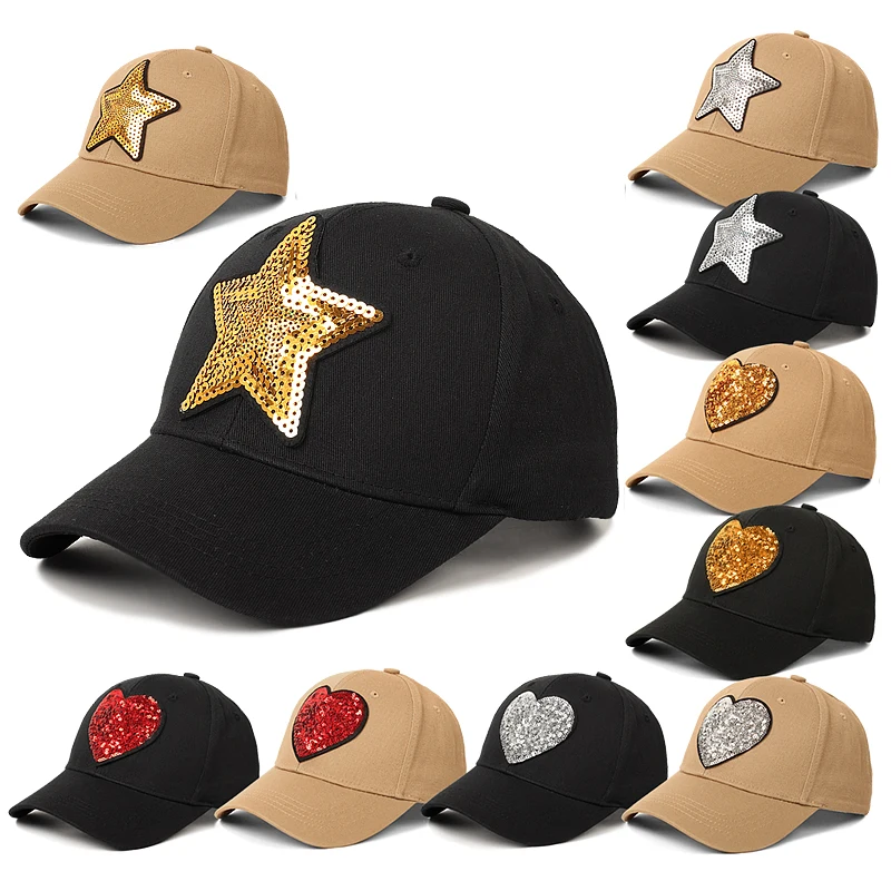 Sequin Star And Heart Baseball Cap Casual Accessories For Woman Cotton Snapback Caps Hat Solid Color Soft Outdoor Sport Sun Hats