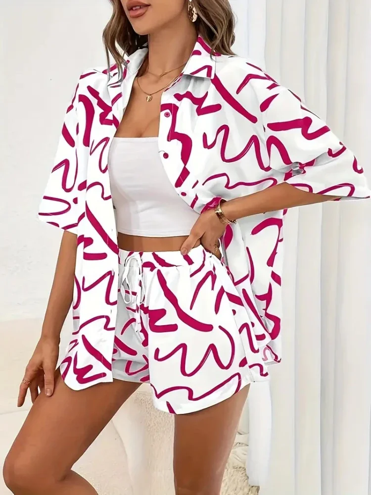 الصيف فضفاضة رفض طوق قميص أعلى + السراويل دعوى مكتب سيدة عارضة رياضية مجموعة المرأة أزياء طباعة قطعتين مجموعات