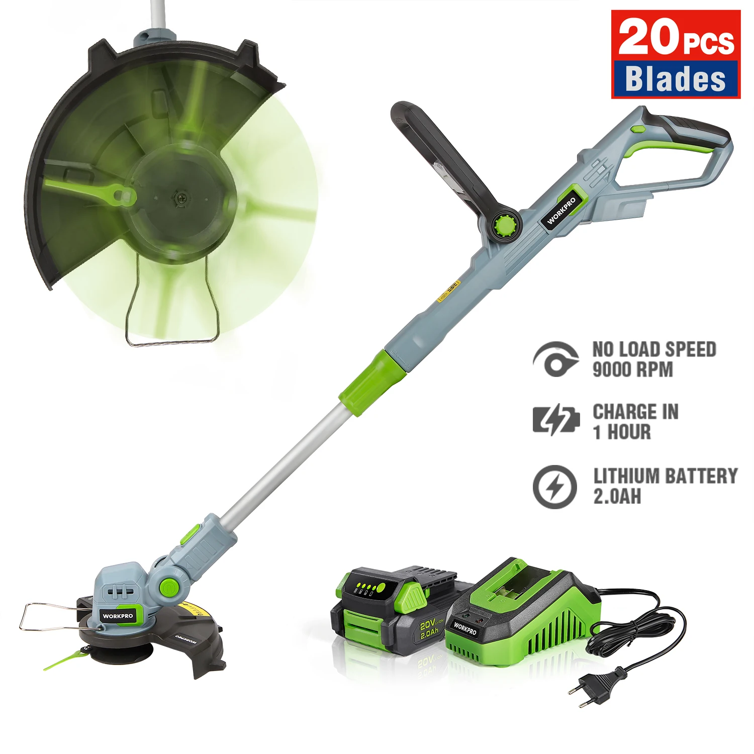 WORKPRO 20V 전기 잔디 깎는 기계 2000mAh 리튬 이온 무선 잔디 트리머 커터 가지 치기 잡초 덤불 정원 도구 20PC 블레이드