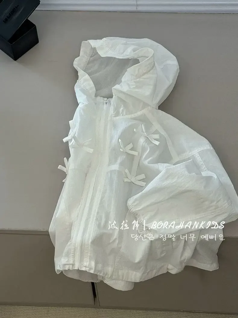 New Thin Bow Jacket for Junior Girls Spring Summer 2025 Children's Loose Sunscreen Clothing Teen Girl Outerwear Hooded White Top