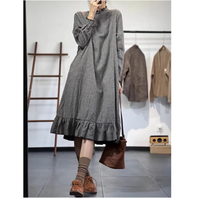 

Artistic Plaid Long Sve Dr Large Size Women's Spring Faion Lace Collar Splicing Midi A-Line Skirt Commute Sle Loose...