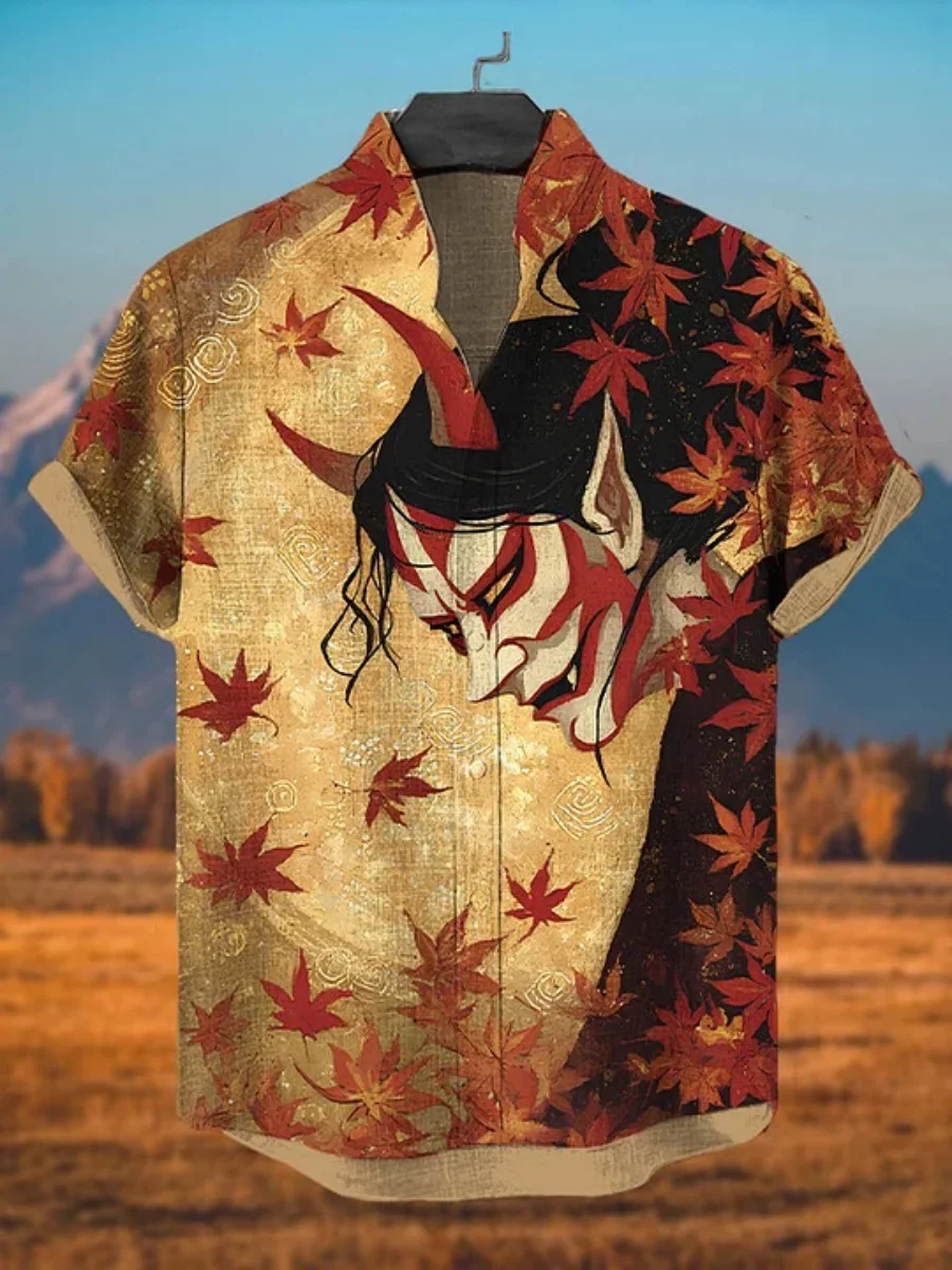 

Men's Japanese-style short-sleeved shirt with maple leaf and Hannya print, retro casual men's vacation Hawaiian trendy top.