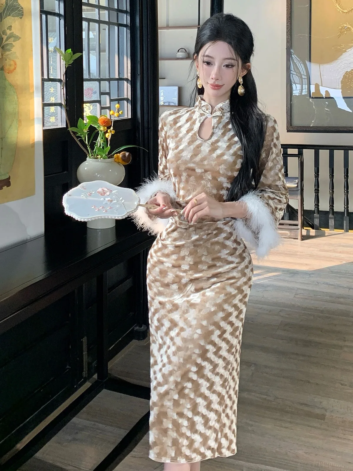 

Ele Vintage Chinese Sle Velvet Dr Bodycon Slimming Long Skirt High Slit Daily Wear Mid-Length Qipao