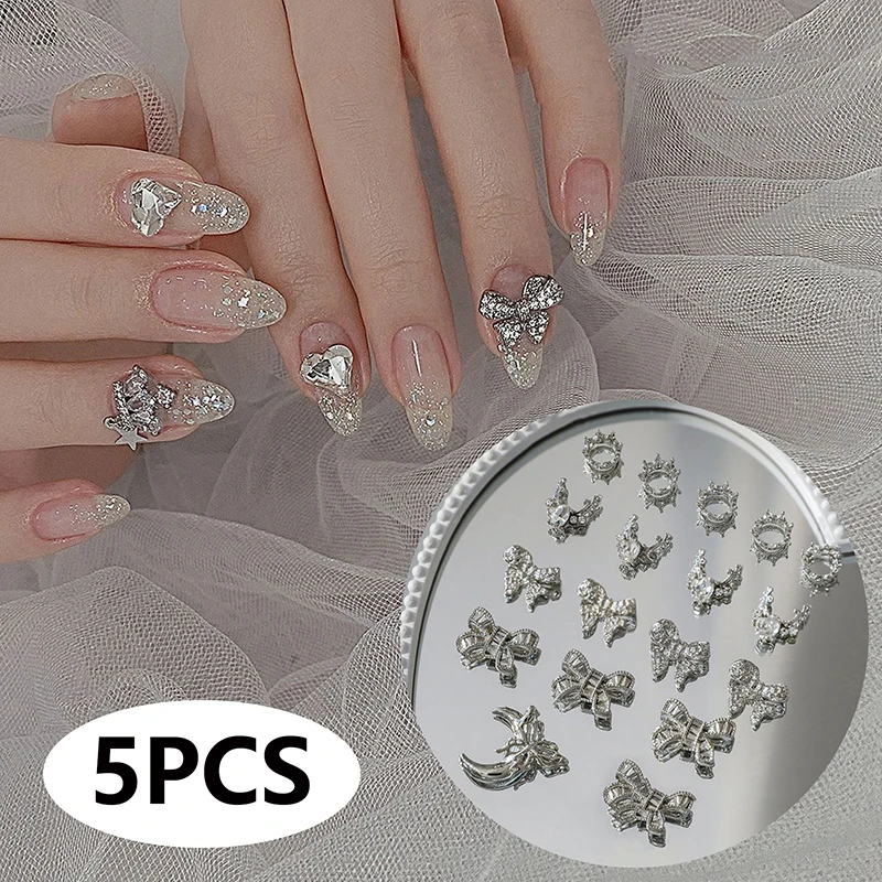 Metal Bow Knot Nail Charms, 3D Decorações prego, liga prateada Acessórios, Manicure Rhinestone, Jóias Diamante, Nail Art Salon, 5pcs