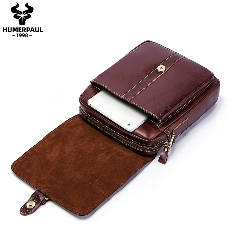 HUMERPAUL 100%Genuine Leather Man\'s Crossbody Shoulder Bag Multi-Function For Travel Handbags Large Capacity Cow Leather Bag