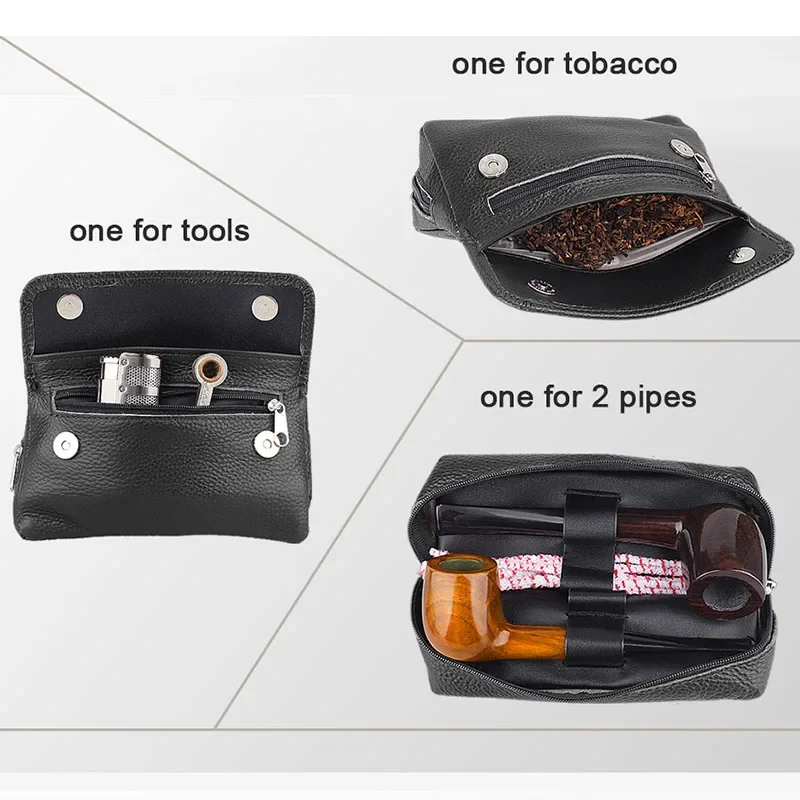 Black Brown Leather Tobacco Bag Pipe Pouch Case Smoking Bag For 2 Pipes Tamper Filter Tool Cleaner Preserve Freshness