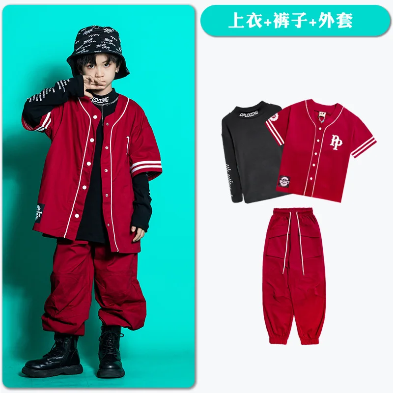 Kids Teenage Streetwear Hip Hop Clothing Red Shirt Tops Casual Cargo Jogger Pants For Girl Boy Jazz Dance Costume Rave Clothes