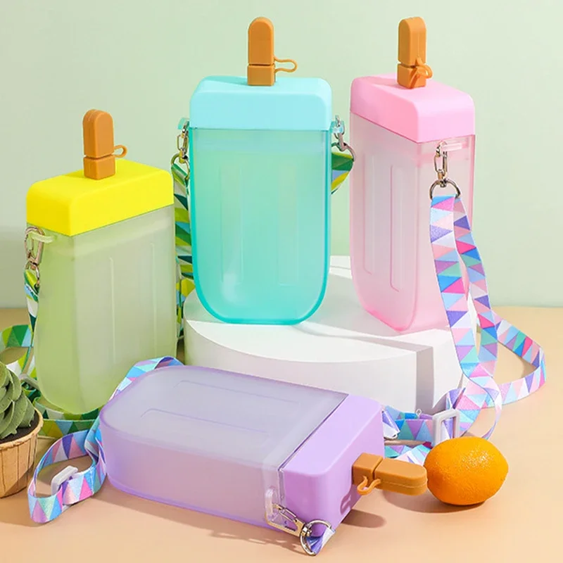 

300ml Plastic Water Bottle Cute Popsicle Straw Cup With Strap Juice Drinking Bottles Adult Children Gril Portable Water Bottle