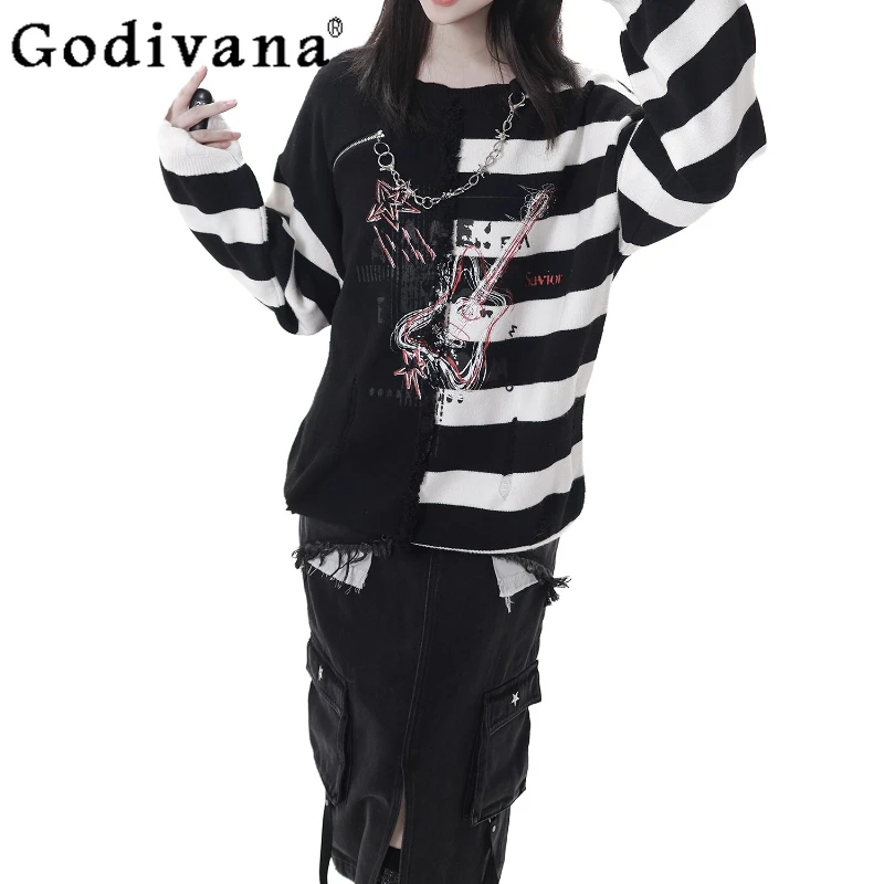 여성 일본 의상 스트라이프 비대칭 디자인 가을 겨울 스웨터 슬림 데님 스커트 세트 여성용 블랙 로리타 세트