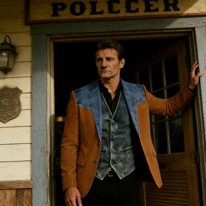 

Мужской винтажный замшевый блейзер с отложным воротником, на двух пуговицах, с джинсовыми нашивками на плечах, повседневный деловой пиджак для джентльменов