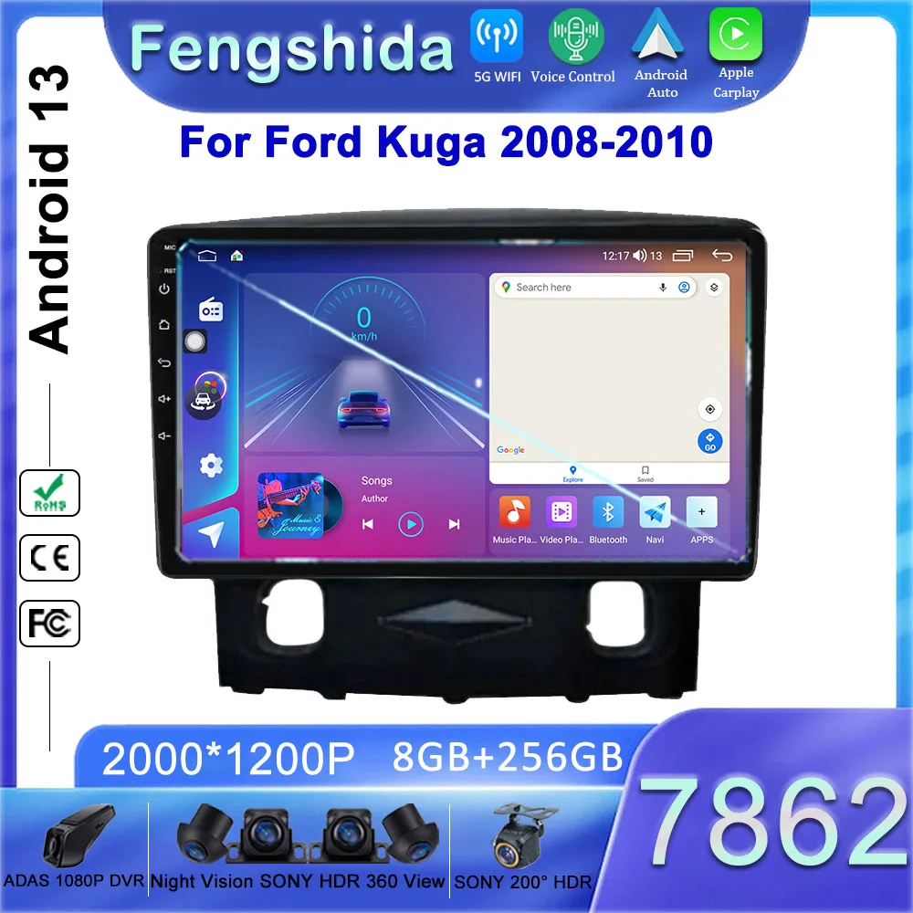 

7862 Процессор Android 13 для Ford Kuga 2008-2010 Автомобильный DVD-радио Стерео головное устройство GPS-навигация Мультимедийный плеер без 2din QLED WIFI