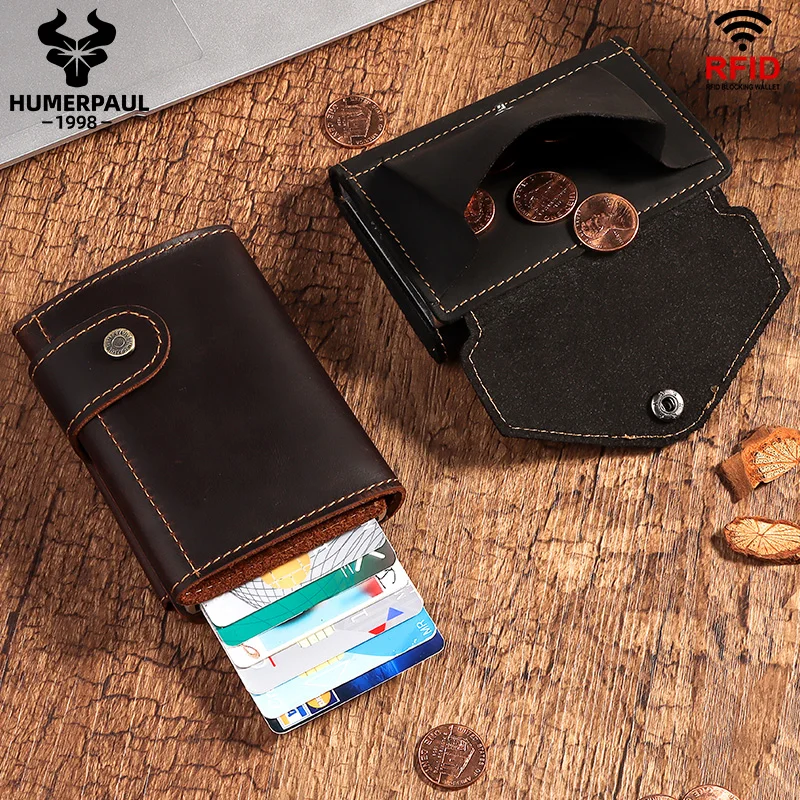 Crazy Horse Leather Men Wallets Luxury RFID Protection Aluminum Pop Up Credit Card Holder Zipper Coin Pocket for Man