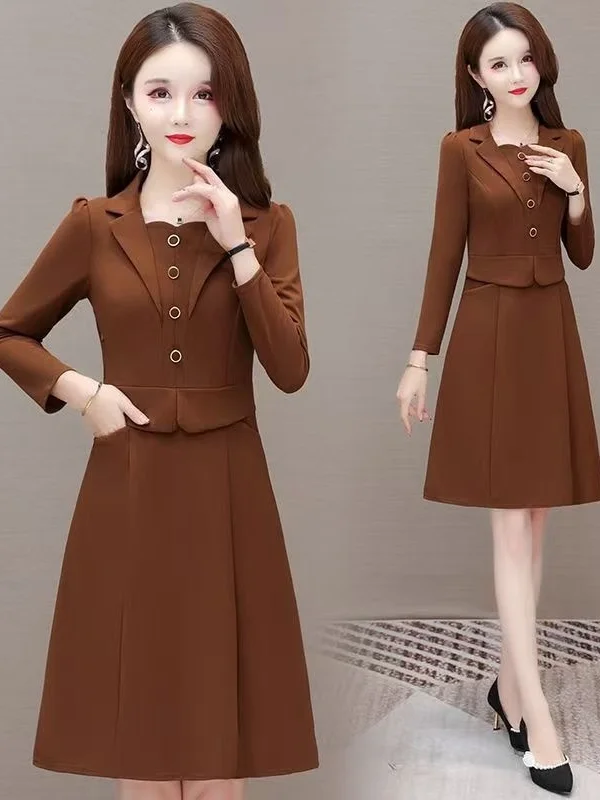 

Spring 2026 Stylish Slimming Midi Dress Fake Two-Piece Set Long Sleeve Suit Collar Conceal Meat High Waist A-Line Korean Style