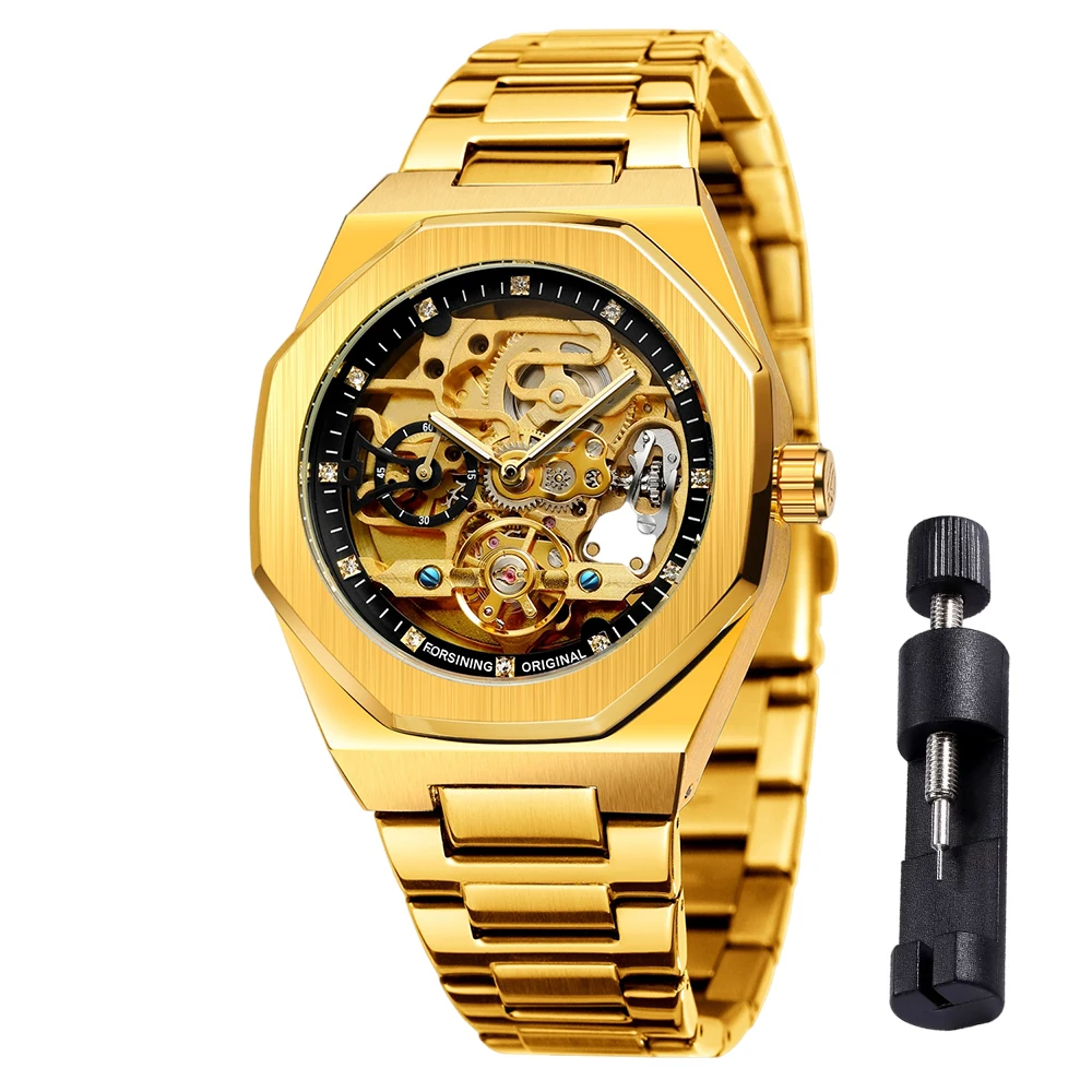Forsining relógio masculino polígono moderno, esqueleto de strass, relógio mecânico automático, aço inoxidável, formal, homem de negócios, relógio de pulso