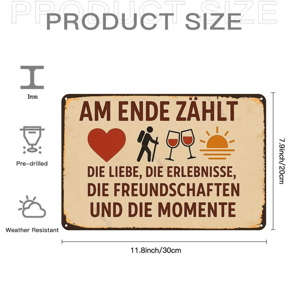 Retro VintageVintage German Motivational Sign with Heart Hiking Wine Sunset DesignMetal Tin Sign, Pre-Drilled Holes