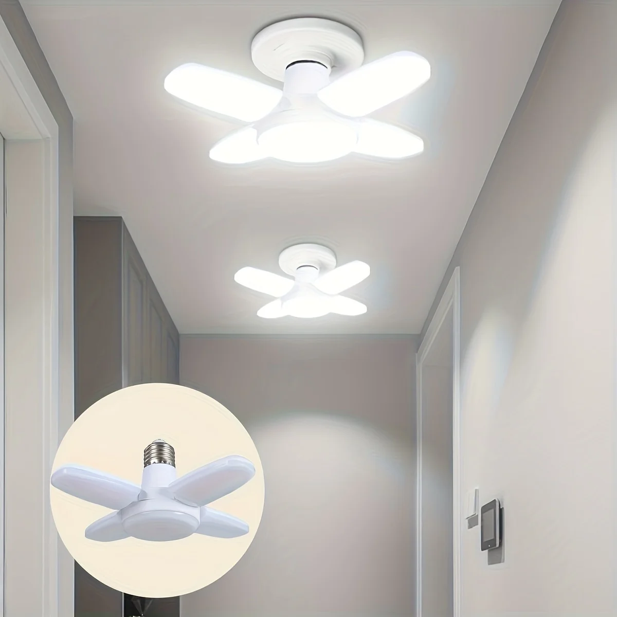 1pc 28W 85V~265V E27 Foldable LED Four-leaf Light Wide Pressure Leaf Bulb Fan Light Cold White